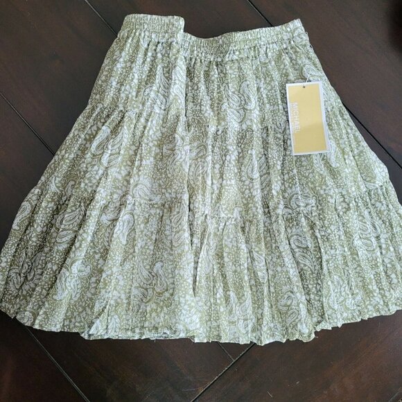 MICHAEL Michael Kors Petite Mini Skirt Paisley Tiered Ruffled Army Green XS (2) - Picture 4 of 7